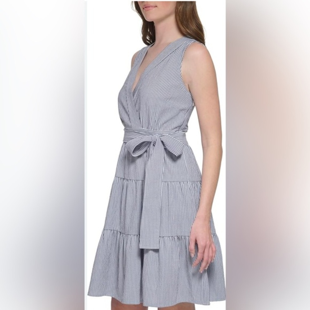 TOMMY HILFIGER Marine Navy Blue White Stripe Tiered Sleeveless Dress Bow Size 12